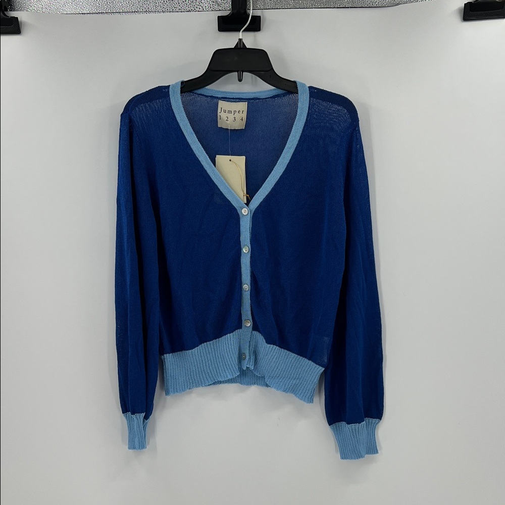 Jumper 1234 Women's Open Weave Colorblock Cardigan - Blue/Wedgewood  - 4 - NWT